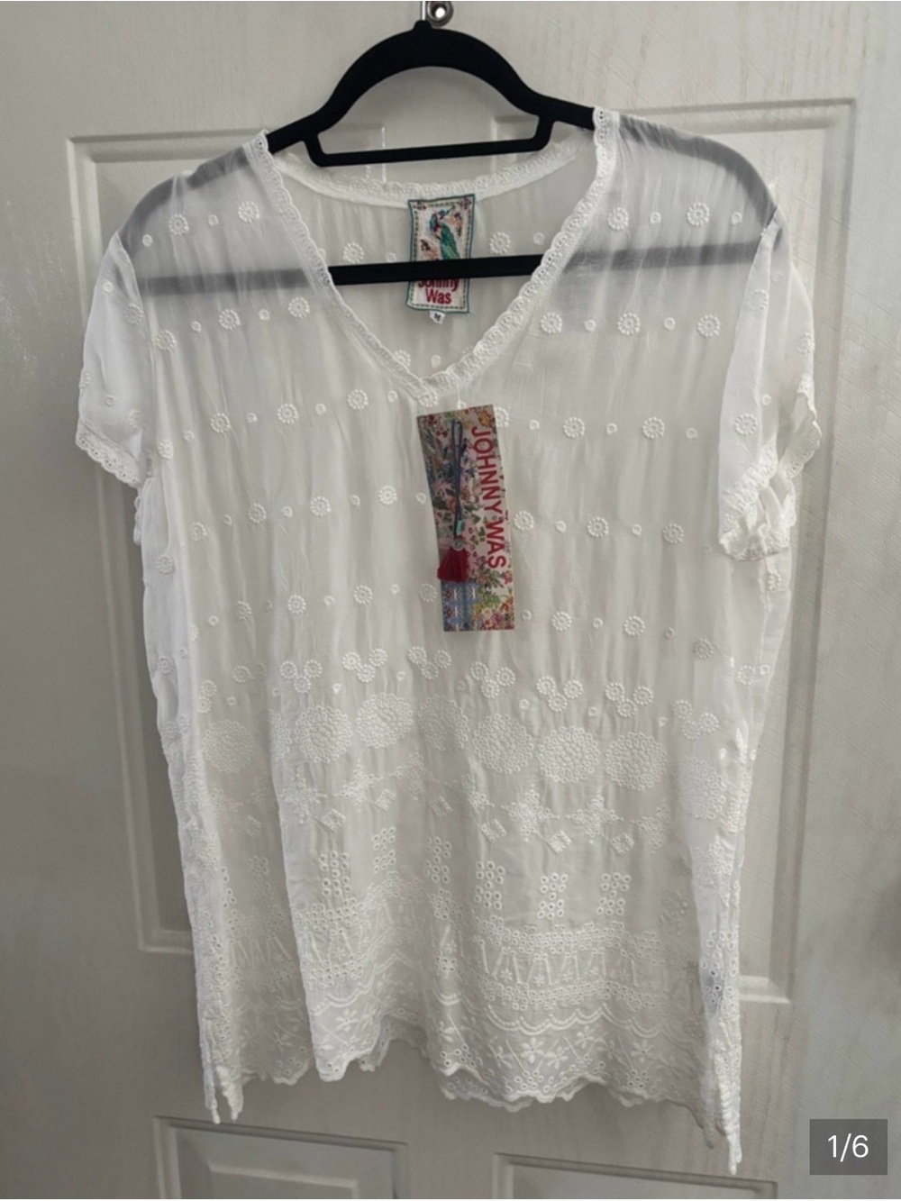 NWT Johnny Was White Embroidered Cotton Eyelet Lace Top Sz M